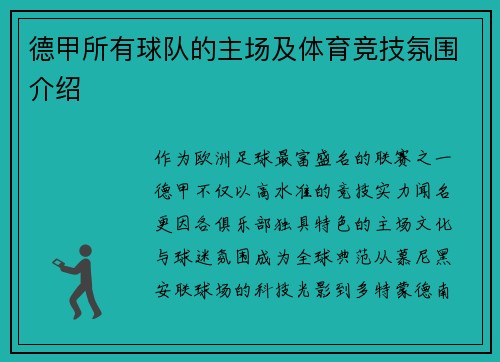 德甲所有球队的主场及体育竞技氛围介绍