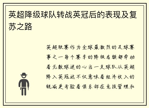 英超降级球队转战英冠后的表现及复苏之路